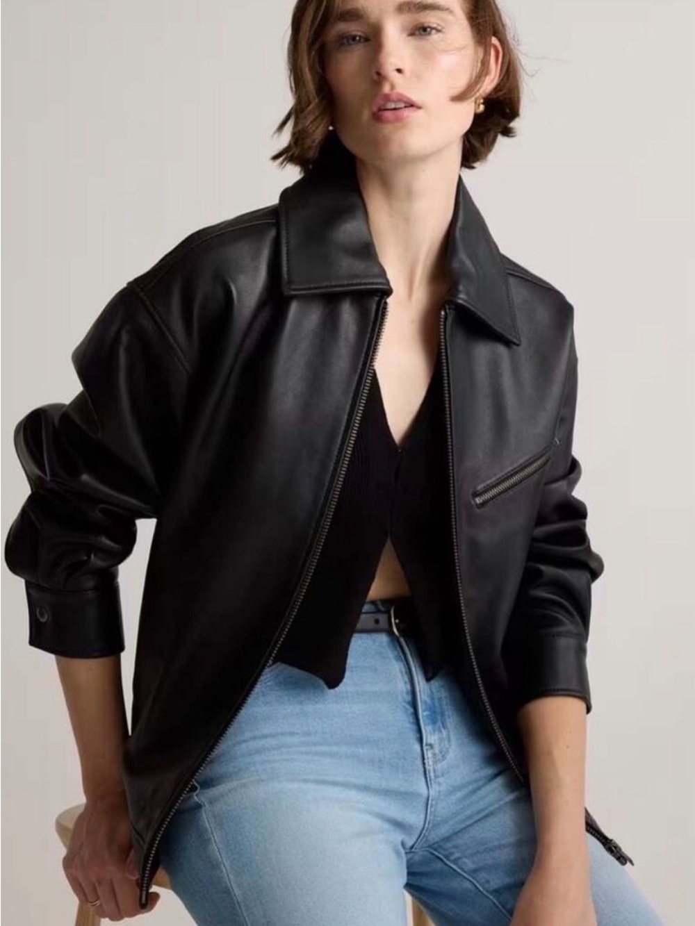 NEW Quince Small 100% Leather Oversized Bomber Jacket Black